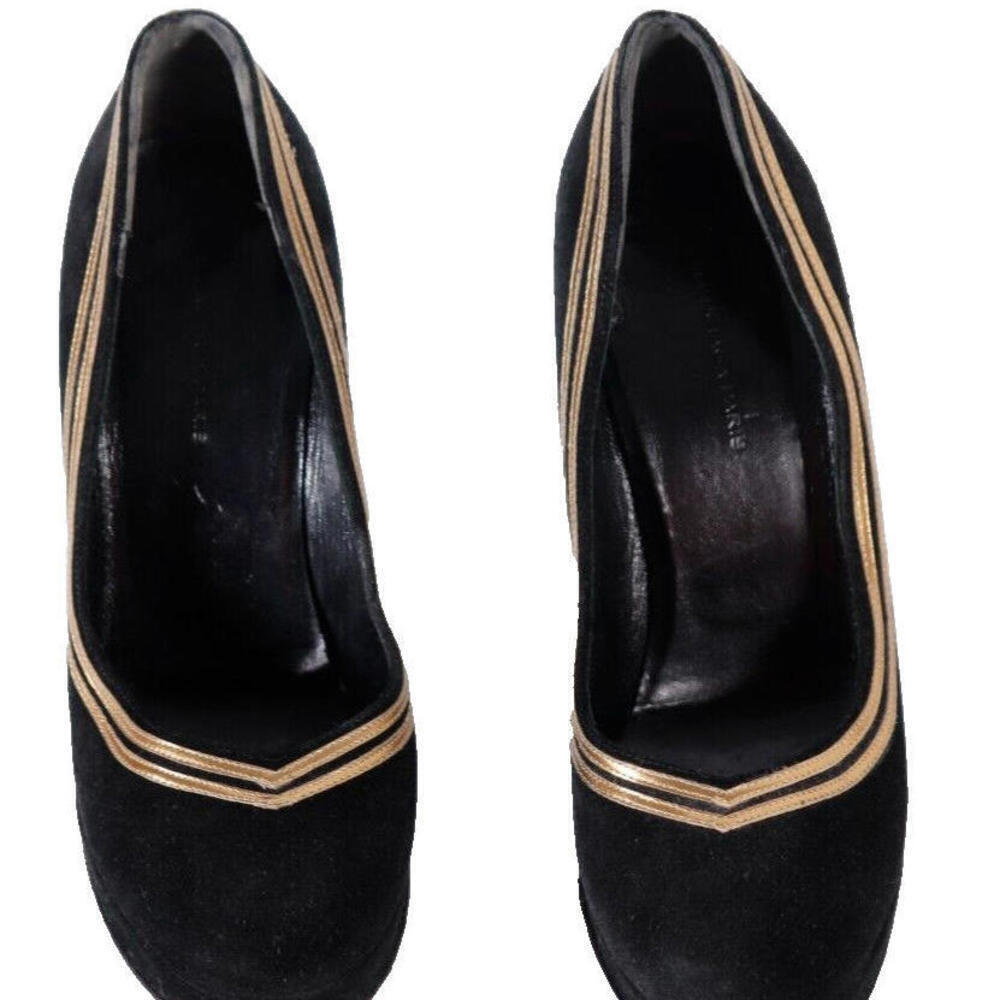 Balenciaga Women's Size 36.5 Black Suede Heels Round-Toe Pumps Leather Gold Trim